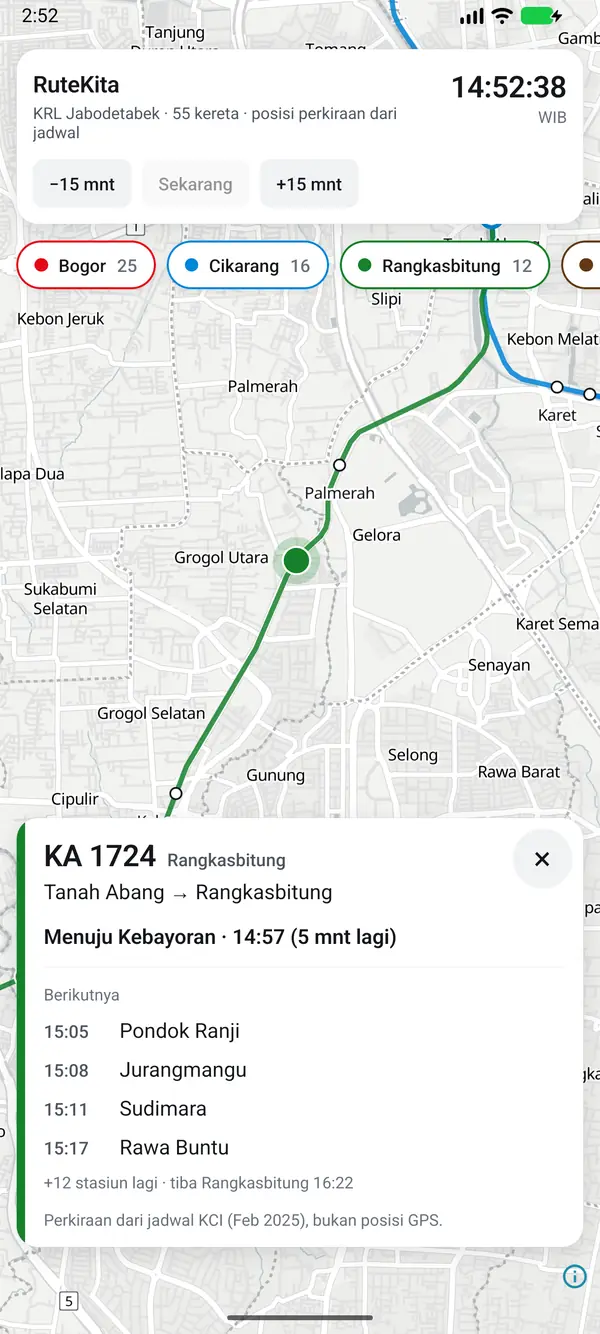 Kartu kereta KA 1724 tujuan Rangkasbitung: stasiun berikutnya beserta jamnya, dengan catatan bahwa posisi diperkirakan dari jadwal KCI, bukan GPS.