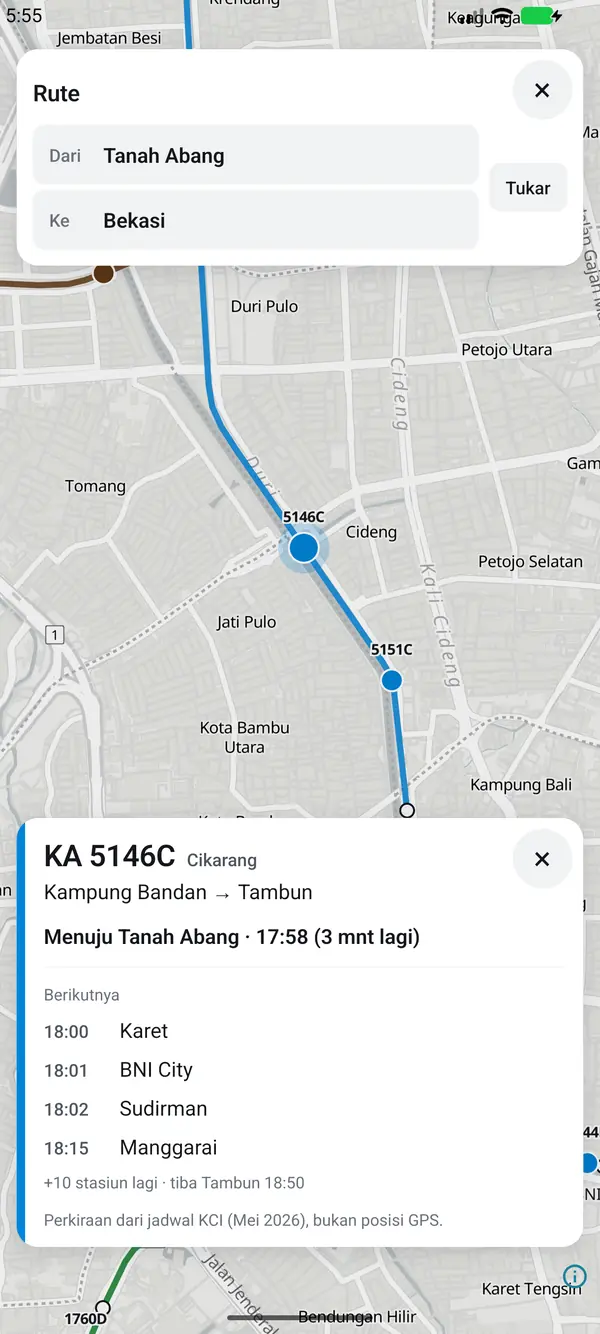 Kereta KA 5146C di peta menuju Tanah Abang, dengan daftar stasiun berikutnya dan jamnya.