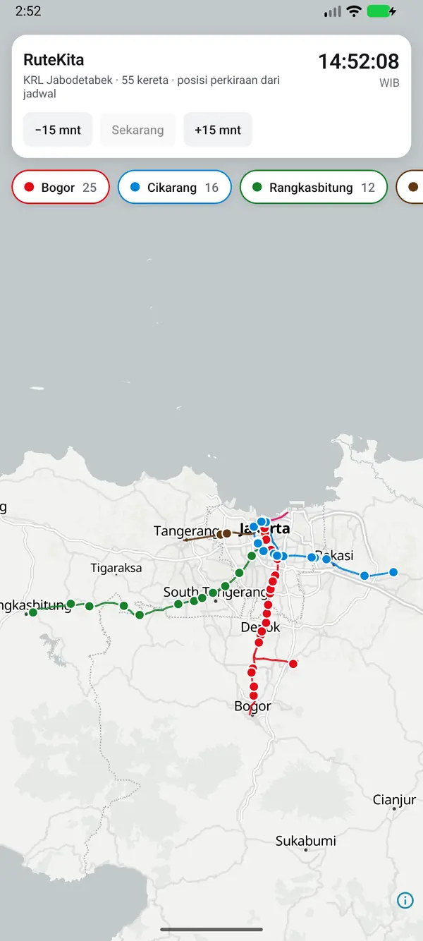 Layar utama RuteKita: peta Jabodetabek dengan jalur KRL berwarna, jam WIB, dan pilihan lin Bogor, Cikarang, dan Rangkasbitung.