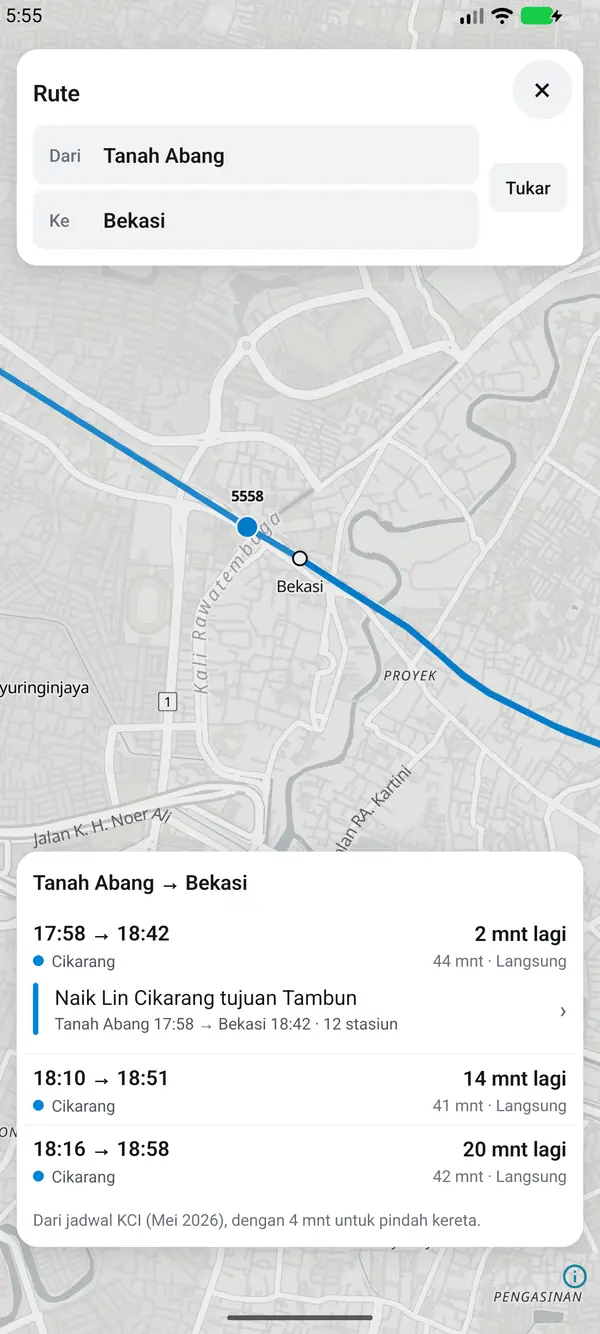 Pencarian rute dari Tanah Abang ke Bekasi: daftar perjalanan dengan jam berangkat, jam tiba, dan lama perjalanan.