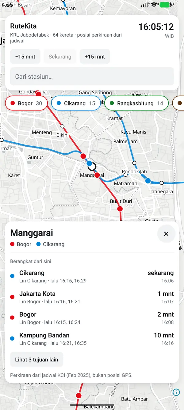 Kartu stasiun Manggarai: kereta yang berangkat berikutnya ke arah Cikarang, Jakarta Kota, Bogor, dan Kampung Bandan.